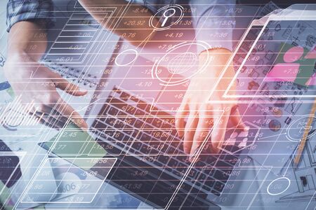 Double exposure of man and woman working together and data theme hologram drawing. Computer...