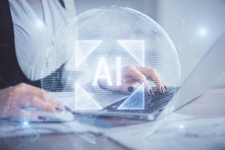 Multi exposure of woman hands working on computer and data theme hologram drawing. Tech concept.