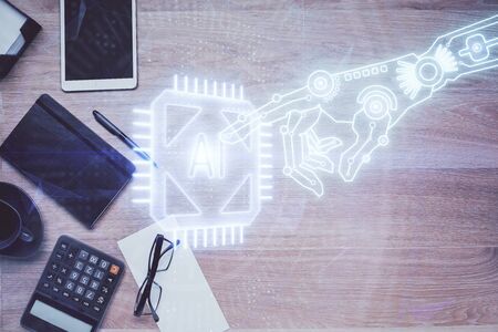 Double exposure of technology theme drawing over work table desktop. Top view. Global data analysis concept.の写真素材