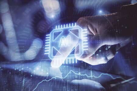 Multi exposure of mans hand holding and using a digital device and data theme drawing. Innovation...