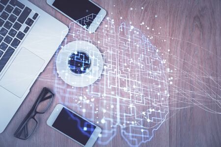 Multi exposure of brain drawing over work table desktop. Top view. Global data analysis concept.
