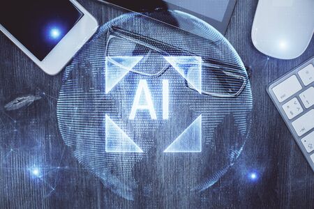 Multi exposure of technology theme drawing over work table desktop. Top view. Global data analysis concept.の写真素材