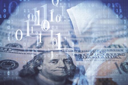 Double exposure of data theme drawing over us dollars bill background. Technology concept.