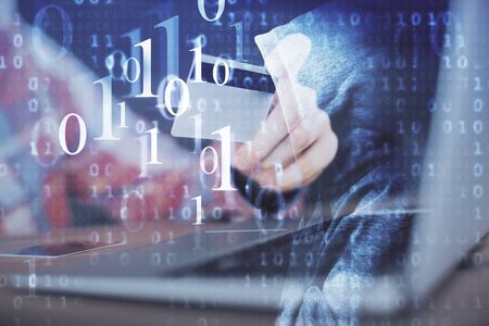 Double exposure of man hands holding a credit card and data theme drawing. E-commerce and technology...