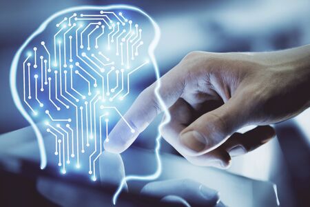 Double exposure of mans hand holding and using a digital device and brain hologram drawing. Data...