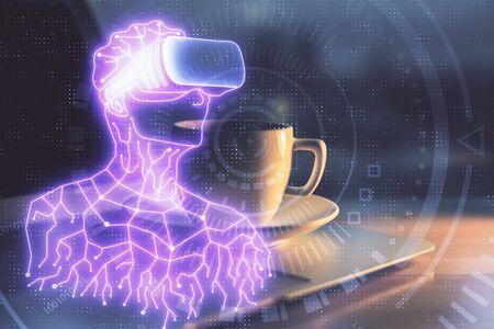 Computer on desktop with AR theme icon. Multi exposure. Concept of augmented reality.