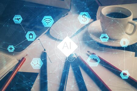 Double exposure of desktop with computer on background and tech theme drawing. Concept of big data.