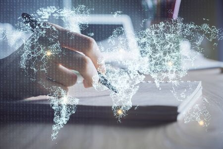 Social network theme hologram over woman's hands writing background. Concept of international people...