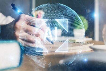 Double exposure of woman's hands on background with technology and digital coding icons. Data...