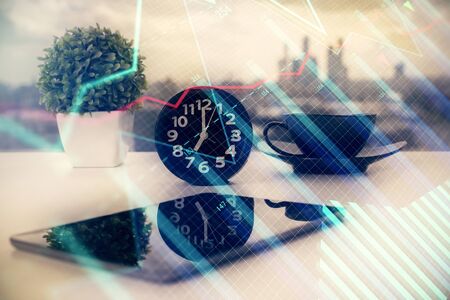 Double exposure of forex graph drawing and cell phone background. Concept of financial data analysisの写真素材