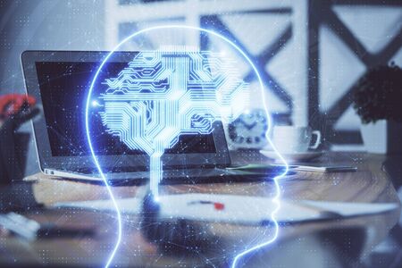 Double exposure of work table with computer and brain sketch hologram. Brainstorming concept.