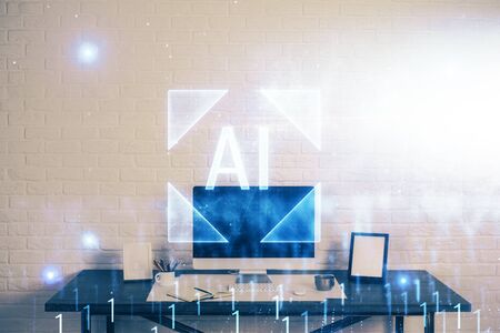 Double exposure of desktop computer and technology theme hologram. Concept of software development.の写真素材