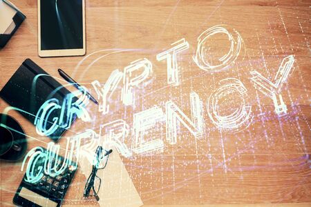 Multi exposure of crypto theme drawing and work table top veiw. Concept of blockchain technology in...
