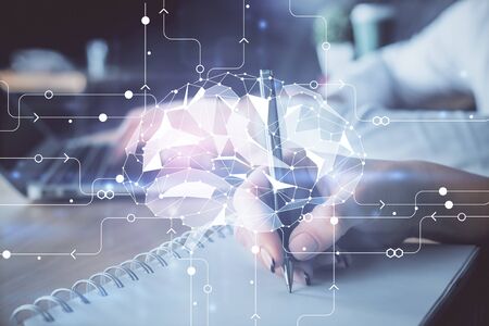 Double exposure of brain drawing over people taking notes background. Concept of Ai
