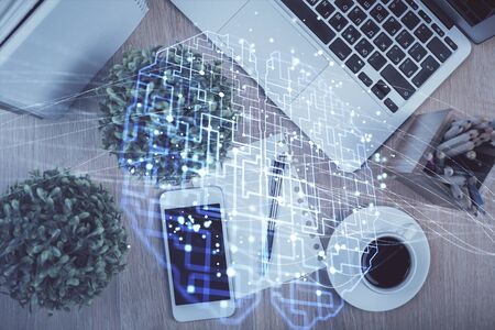 Multi exposure of brain drawing over work table desktop. Top view. Global data analysis concept.の写真素材