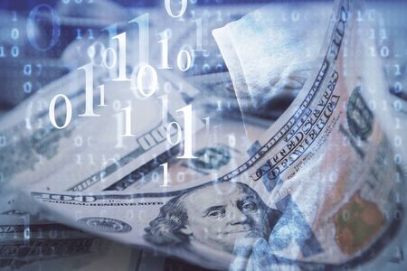 Double exposure of data theme drawing over us dollars bill background. Technology concept.の写真素材