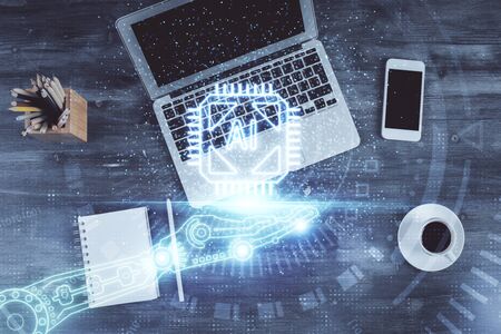 Double exposure of data drawing hologram over topview of study desk background with computer. Concept of Ai.の写真素材