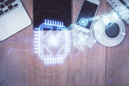 Double exposure of technology theme drawing over work table desktop. Top view. Global data analysis concept.の写真素材