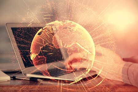 Double exposure of mans hands holding and using a phone and social network theme drawing.の写真素材