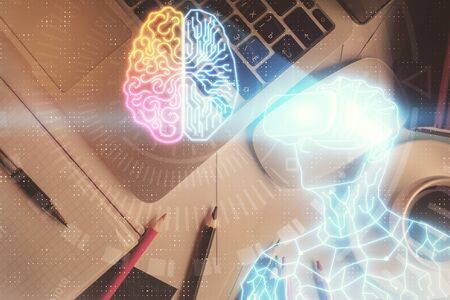 AR hologram drawings over computer on the desktop background. Top view. Multi exposure. Concept of augmented reality.の写真素材