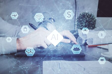 Multi exposure of mans hands holding and using a digital device and data theme drawing. Innovation concept.の写真素材