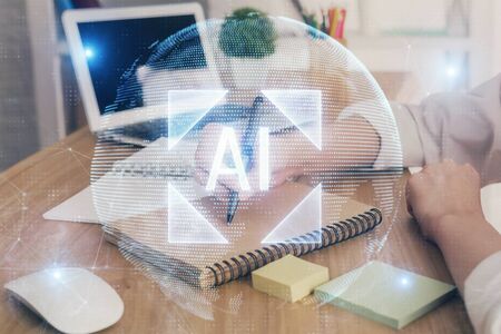 Multi exposure of womans hands on background with technology and digital coding icons. Data development concept.の写真素材