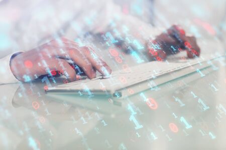 Multi exposure of tech drawings with man working on computer background. Concept of innovation.