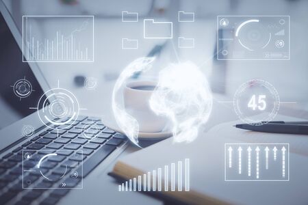 Double exposure of financial chart drawing and desktop with coffee and items on table background. Concept of forex market tradingの写真素材