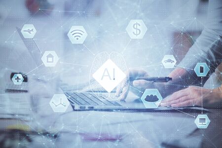 Double exposure of woman hands working on computer and data theme hologram drawing. Tech concept.