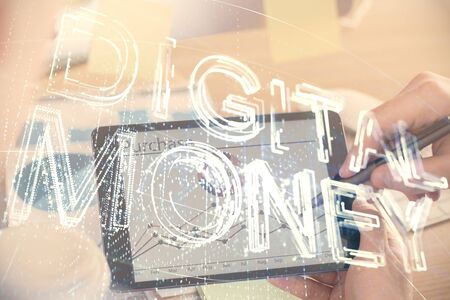 Double exposure of mans hands holding and using a phone and crypto currency blockchain theme drawing.の写真素材