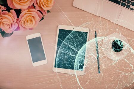 Double exposure of social network theme drawing over table with phone. Top view. People connecting...