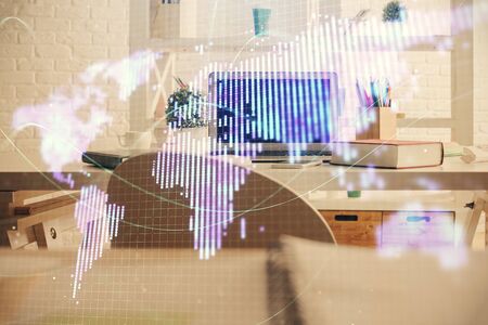 Double exposure of business theme drawing and office interior background. Concept of successの写真素材