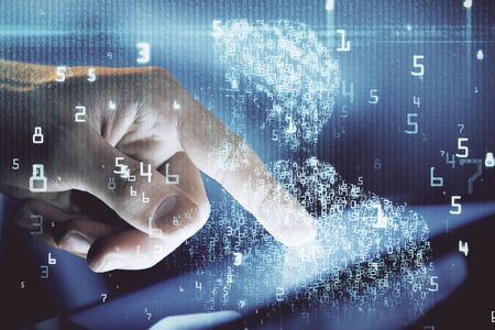 Multi exposure of mans hand holding and using a digital device and data theme drawing. Innovation concept.の写真素材