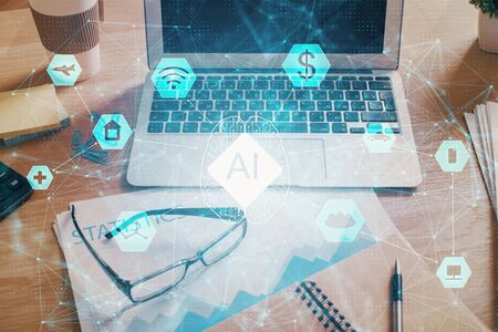 Multi exposure of desktop with computer on background and tech theme drawing. Concept of big data.の写真素材