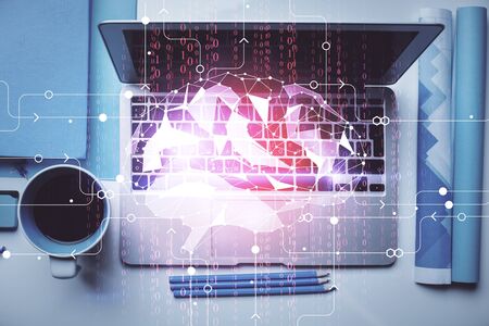 Multi exposure of brain sketch hologram over topview work table background with computer. Concept of...