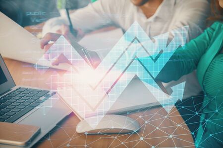Double exposure of arrow drawing over people taking notes background. Concept of growth
