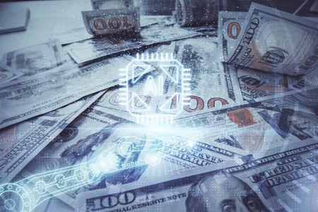 Double exposure of data theme drawing over us dollars bill background. Technology concept.の写真素材