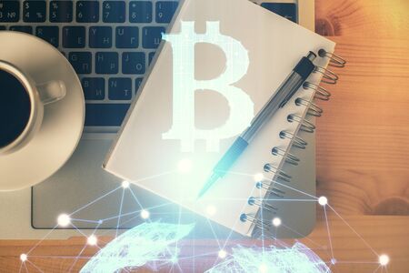 Multi exposure of crypto theme drawing and work table top veiw. Concept of blockchain technology in business.の写真素材