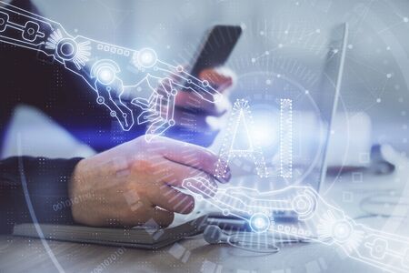 Multi exposure of mans hands holding and using a digital device and data theme drawing. Innovation...