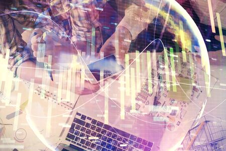 Double exposure of business theme drawing and man and woman working together holding and using a mobile device.の写真素材