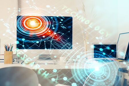 Double exposure of desktop with personal computer on background and tech theme drawing. Concept of...