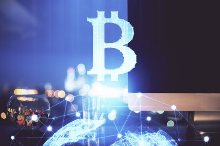 Double exposure of blockchain and crypto economy theme hologram and table with computer background. Concept of bitcoin cryptocurrency.の写真素材