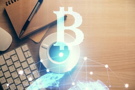 Multi exposure of crypto theme drawing and work table top veiw. Concept of blockchain technology in business.の写真素材