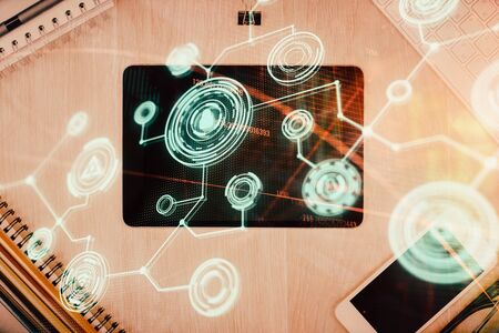 Double exposure of social network theme drawing over table with phone. Top view. People connecting concept.の写真素材