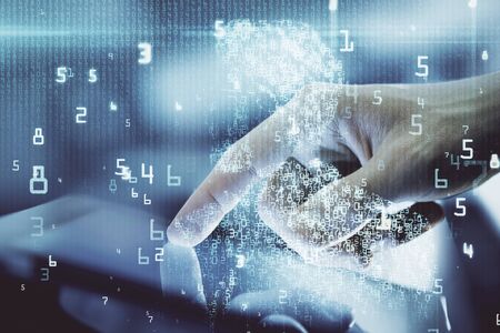 Multi exposure of mans hand holding and using a digital device and data theme drawing. Innovation concept.の写真素材
