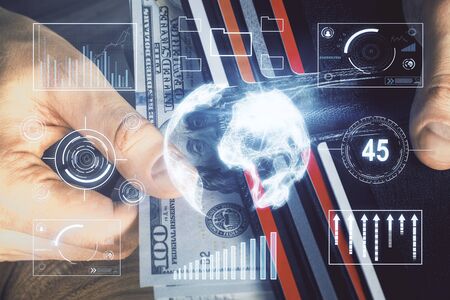 Multi exposure of forex graph drawing hologram and USA dollars bills and man hands. Technical...