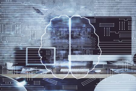 Double exposure of work table with computer and brain sketch hologram. Brainstorming concept.