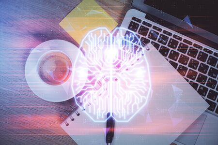 Multi exposure of brain sketch hologram over topview work table background with computer. Concept of big data.の写真素材