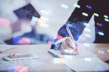 Double exposure of data theme sketch drawing over people writing background. Concept of technologyの写真素材