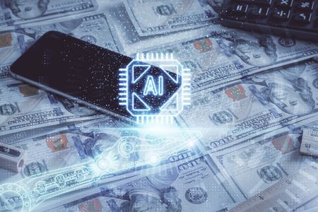 Double exposure of data theme drawing over us dollars bill background. Technology concept.
